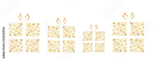 Banner mit vier Geschenkkartons und  goldenen Sternen