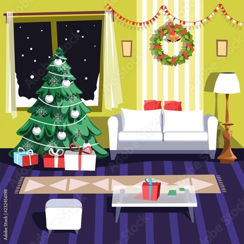 Christmas winter holidays, furniture and interior of rooms vector.