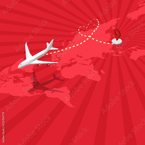 Isometric flat design travel the world transportation airplane drawing a heart shape ant path flying from Japan