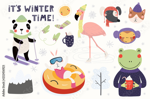 Big set with cute animals in winter, playing in the snow, skiing, tubing, skating. Isolated objects on white. Hand drawn vector illustration. Scandinavian style flat design. Concept for children print