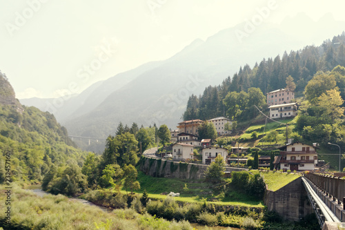 Beluno, Italy August 7, 2018: Perarollo di Cadore mountain village. Houses on the mountains.