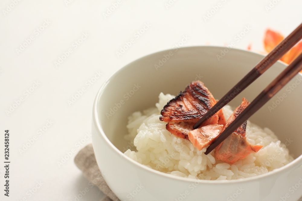 Grilled Salmon fish on rice for Japanese food image Grilled Salmon fish on rice for Japanese food image