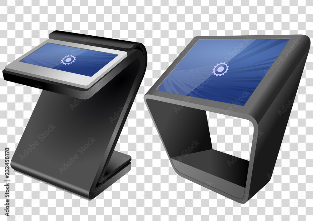 Two Promotional Interactive Information Kiosk, Advertising Display, Terminal Stand, Touch Screen Display isolated on transparent background. Mock Up Template. Two Promotional Interactive Information Kiosk, Advertising Display, Terminal Stand, Touch Screen Display isolated on transparent background. Mock Up Template.