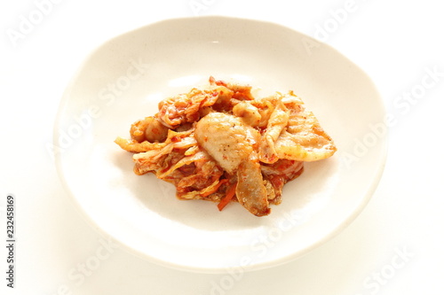 Korean food, chicken skin and kimchi stir fried