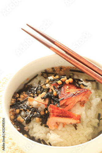 Japanese food, grilled salmon and tea rice photo