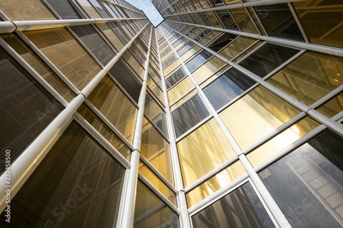 bottom view of the facade of a new high-rise building in the new area