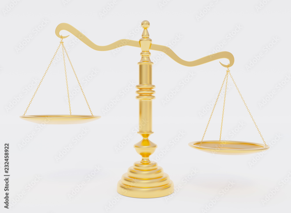 Gold scales of justice. Mockup of empty space for your objects in bowl. Overweight. 3d rendering. Gold scales of justice. Mockup of empty space for your objects in bowl. Overweight. 3d rendering.