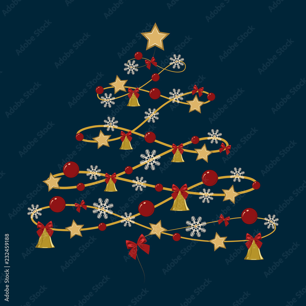 Christmas tree decorated with bows, balls, snowflakes, bells on a dark blue background.