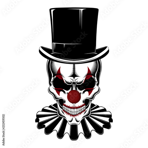 Skull of a clown in a hat-cylinder and jabot.