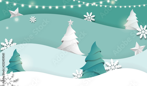 Merry Christmas and Happy New Year poster with fir trees  snowflakes and decorative lanterns.