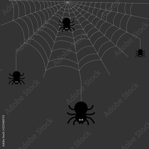 Black cartoon spiders with white web on gray background