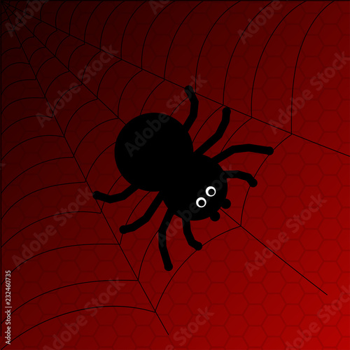 Black cartoon spider with web on red background