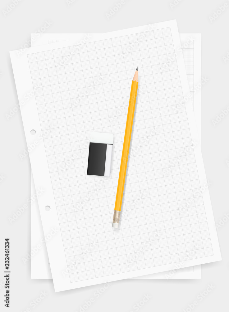 White drawing paper background with pencil and eraser. Vector. White drawing paper background with pencil and eraser. Vector.