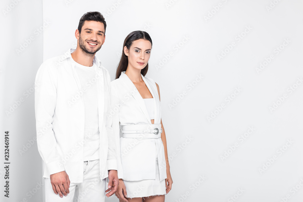 adult stylish smiling couple in total white adult stylish smiling couple in total white