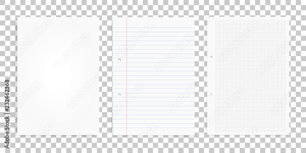 Obraz premium Set of white paper sheets on transparent background. Office supply object for business background. Vector.