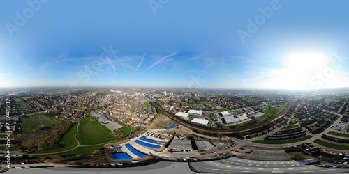 Typical UK Town aerial photo showing rows of houses, roads, parks and communal area photo