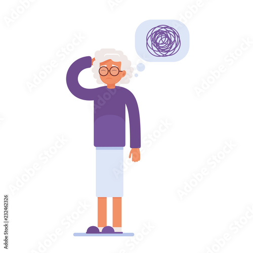 an elderly woman has memory problems. a tangle of thoughts over her head. vector illustration of medical content