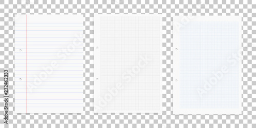 Set of white paper sheets on transparent background. Office supply object for business background. Vector.