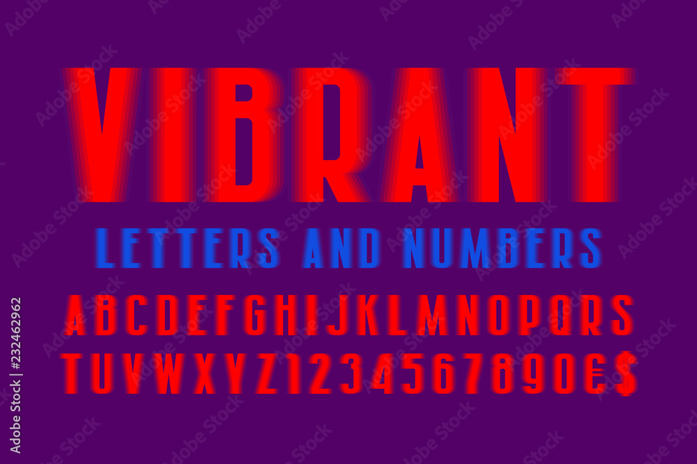 Plakat Vibrant letters and numbers with currency signs. Red glowing urban font. Isolated english alphabet.