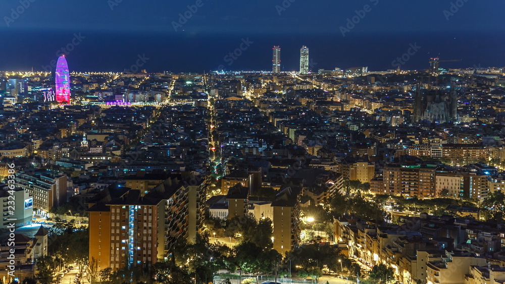 Obraz premium View of Barcelona timelapse, the Mediterranean sea, The tower Agbar and The twin towers from Bunkers Carmel. Catalonia, Spain.