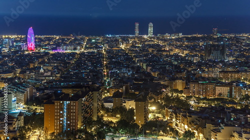 View of Barcelona timelapse  the Mediterranean sea  The tower Agbar and The twin towers from Bunkers Carmel. Catalonia  Spain.