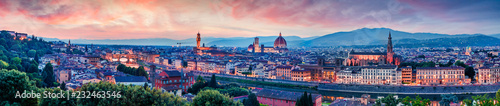 Fantastic spring panorama of Florence with Cathedral of Santa Maria del Fiore  Duomo  and Basilica of Santa Croce. Colorful sunset in Tuscany  Italy  Europe. Traveling concept background.