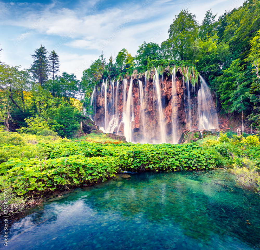 Splendid morning view of Plitvice National Park. Colorful spring scene of green forest with pure water waterfall. Great countryside landscape of Croatia, Europe. Beauty of nature concept background.