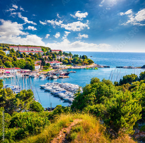 Fototapeta Naklejka Na Ścianę i Meble -  Aerial view of the port of Vrsar (Orsera) town. Colorful spring cityscape of Croatia, Europe. Traveling concept background. Magnificent Mediterranean seascape.