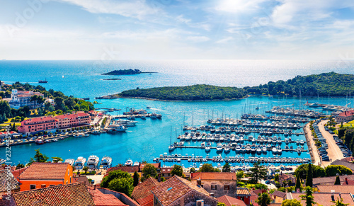 Fototapeta Naklejka Na Ścianę i Meble -  Aerial view of the port of Vrsar (Orsera) town. Colorful spring cityscape of Croatia, Europe. Traveling concept background. Magnificent Mediterranean seascape.