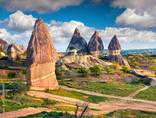 Colorful spring scene of Cappadocia. Picturesque morning view of of Red Rose valley in April. Cavusin village located, district of Nevsehir, Turkey, Asia. Traveling concept background.