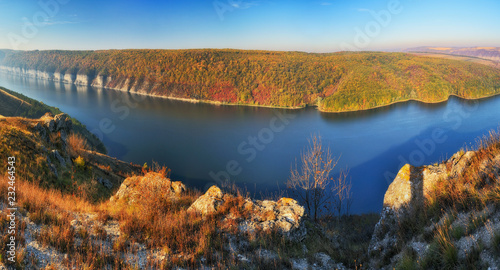 picturesque canyon of the Dniester River. autumn sunrise by the river © sergnester