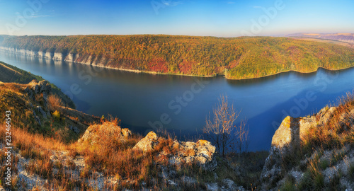 picturesque canyon of the Dniester River. autumn sunrise by the river