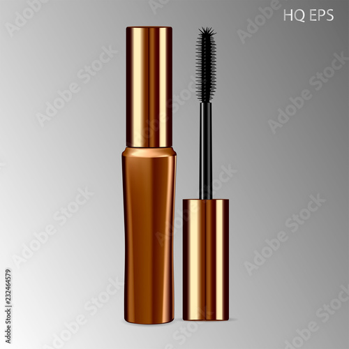 Mascara mockup gold package with eyelash applicator brush. 3D realistic cosmetic Vector Illustration. Eyeliner Design Promotion Product.