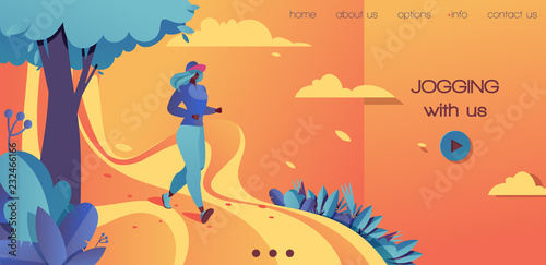 Vector horizontal landing page template in bold colors orange, blue and yellow. Young woman jogging in the summer landscape. Flat modern illustration