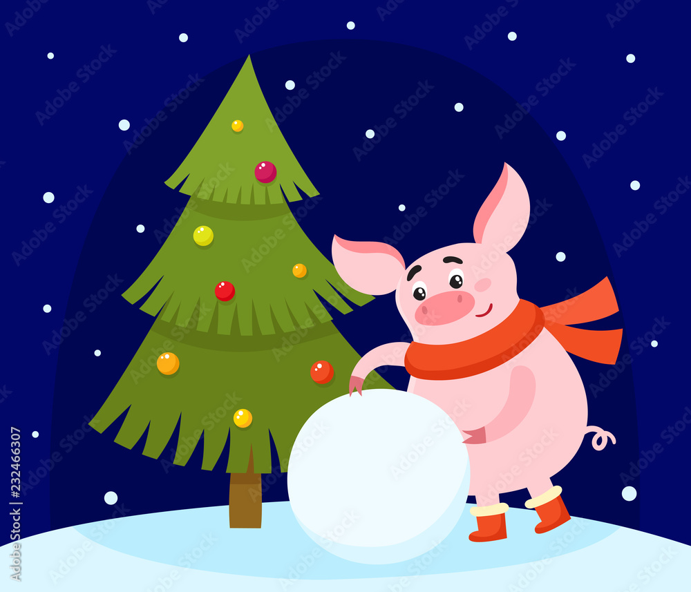 Cute cartoon pig making snowball and christmas tree Cute cartoon pig making snowball and christmas tree