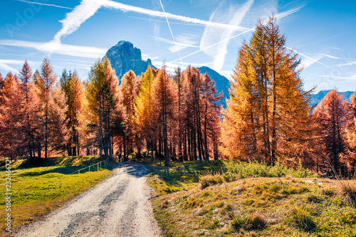 Splendid autumn view of Ambrizola mountain. Colorful morning scene of Dolomite Alps, Cortina d'Ampezzo lacattion, Italy, Europe. Beauty of countryside concept background. photo