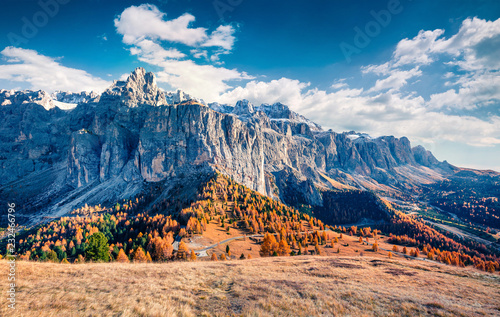 Impressive view from the top of Gardena pass with Piz Boe mountain on background. Colorful autumn scene of the Dolomite Alps, Canazei, Province of Trento, Italy, Europe.