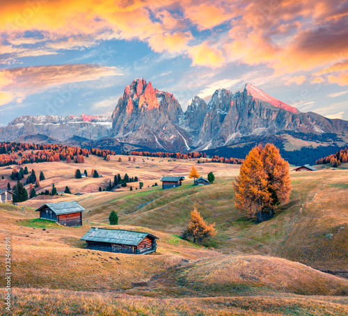 Incredible sunset in Alpe di Siusi mountain plateau with beautiful yellow larch trees and Langkofel (Sassolungo) mountain on background. Colorful autumn evening in Dolomite Alps, Ortisei, Italy