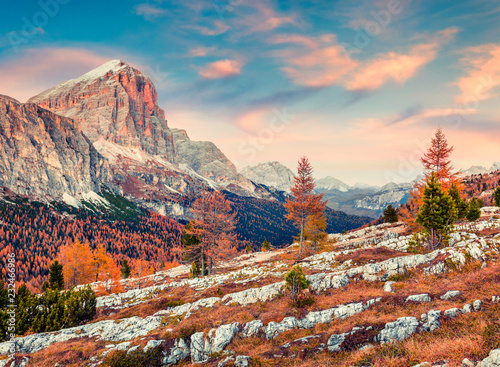 Splendid view from top of Falzarego pass with Lagazuoi mountain range. Colorful autumn morning in Dolomite Alps, Cortina d'Ampezzo lacattion, Italy, Europe. Beauty of nature concept background.
 photo