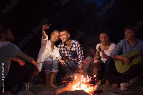 young friends relaxing around campfire