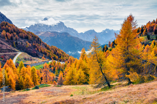 Splendid morning view from the top of Giau pass. Colorful autumn landscape in Dolomite Alps, Cortina d'Ampezzo location, Italy, Europe. Beauty of nature concept background.