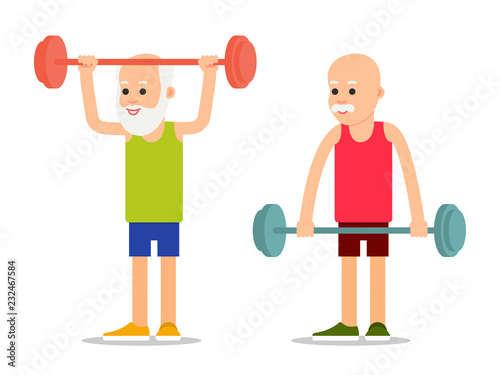 Old person perform exercises to barbell lifting. Elderly sportsman in various poses with lifting of weight. Set physical exercises, training, workout, sport, healthy lifestyle. Flat style illustration