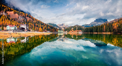 Fantastic morning scene on Misurina lake in National Park Tre Cime di Lavaredo. Colorful autumn landscape in Dolomite Alps, South Tyrol, Location Auronzo, Italy, Europe.