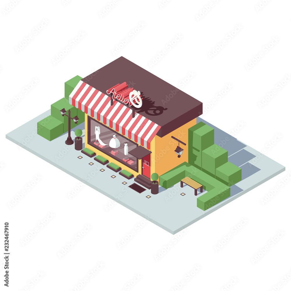 Vector isometric store front for atelier or tailor shop in bright colors. Simple illustration with greenery
