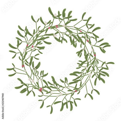 Christmas mistletoe wreath. Vector cartoon holiday decoration element isolated on a white background.