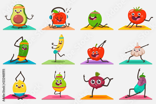 Cute fruit and vegetables doing yoga exercises and gymnastics poses. Funny vector cartoon kids food character set isolated on background. Eating healthy and fitness.