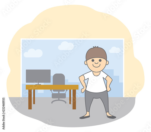 The concept of business office. A friendly business man staying in office near table, city outside the window. Isolated vector illustration in line style.