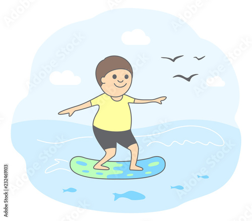 Concept of active lifestyle. Happy surfer rides on a moving wave. Vector illustration