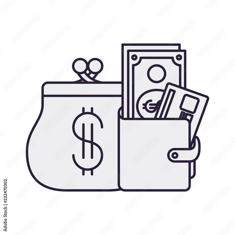 coin purse and wallet with money isolated icon