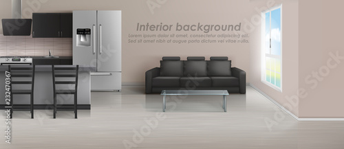 Vector mockup of studio apartment with living room and kitchen. Modern interior with furniture, black sofa with glass table, beige walls and large window. Contemporary design, template for roll banner